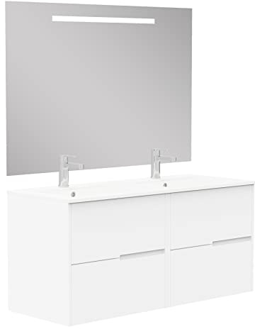 Baikal Mobile bagno Gavin, 2 cassetti, sospeso a parete. Include lavabo in ceramica. Varie finiture. Consegnato assemblato. con Specchio 120 cm Bianco