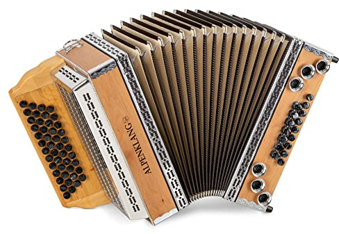 Alpenklang Pro Alpline 34 Eco Harmonika G-C-F-B, Steirische Harmonika | Stimmung: G-C-F-B, Gekoppelter X-Bass (Wechselbass für die 1.Reihe), 8 Helikonbässe, 4-reihig, 3-chörig, Gehäuse aus Buche