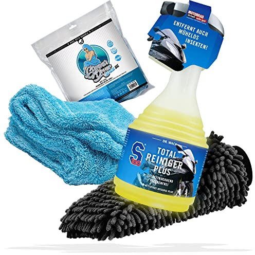 Motorrad Reinigung & Trocknen Bundle - Dr. Wack S100 Total Reiniger 750 ml - Motorradpflege – Made in Germany + Nuke Guys Gamma Dryer Trockentuch,schlierenfrei + detailmate Waschhandschuh