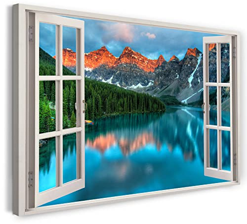 Printistico Bilder Fensterblick 80x60cm Baumwoll-Leinwand auf Keilrahmen mit Aufhänger moderner Kunstdruck XXL Wandbilder Wand-Dekoration See Berg Wald Landschaft Natur - Natur-Fotografie