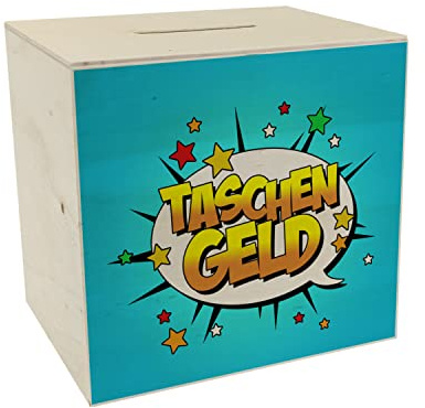 Taschengeld Spardose aus Holz im coolen Comic-Look als Geschenkidee für Kinder und Teenager die sparen und Nicht Alles auf einmal ausgeben sollen