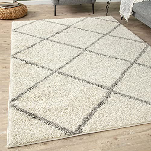 THE RUGS Shaggy Rug – Modern Moroccan Design Rugs for Living Room, Bedroom, Hallway, 3 cm Thick Area Rugs, (Diamond Ivory/Grey, 80x150cm)