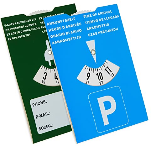 Disco di parcheggio per e-car, 2 pezzi, 2in1 con tempo di ricarica, in carta, misuratore di parcheggio per stazione di ricarica, per e-car e ibridi plug-in, Parking Disc Blue, dischi di parcheggio