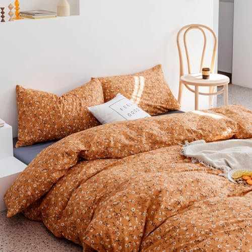 LifeTB Bäddset, blommigt påslakan med blommor, botaniskt, chic, elegant, sängkläder i 100 % bomull, cottagecore, dubbel storlek/queen size, pumpa, orange