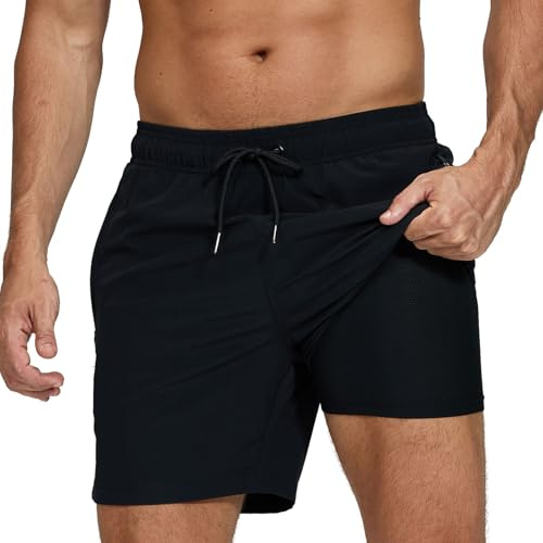 Aisprts Badshorts för män, badbyxor med kompressionsfoder, 2-i-1, snabbtorkande, stretchiga, för män, brädshorts med 2 fickor med dragkedja, Svart, XXL