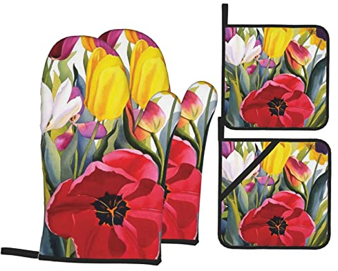 Ensemble de gants de four et maniques pour barbecue - Résistants à la chaleur - 250 °C - Fournitures de cuisine - Jardin tulipe