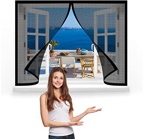 Magnet Fliegengitter Fenster 145 x 170 cm, Insektenschutz Fliegenvorhang Moskitonetz Fenster, vollmagnetisch, schließt automatisch für Windows/Wohnzimmer Fenstern, Schwarz