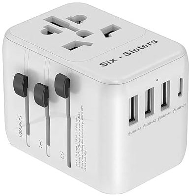 Worldwide Travel Adaptor, Six-Sisters Universal Travel Adaptor International Travel Plug Adaptor with Universal AC Socket 3USB A & 1 USB C All in-one Universal Charger Power Adaptor for EU AU UK US