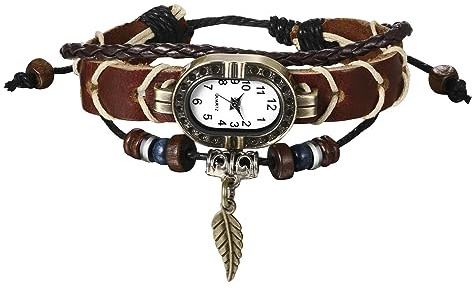 JewelryWe Damarmbandsur, retro flätat läderarmband armring, armbandsklocka med trädblad, hänge för kvinnor flickor, Rektangulär fjäderfjäder, Klassisk