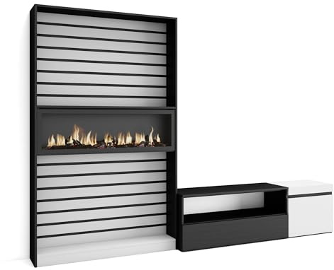 Skraut Home | Wohnwand Wohnzimmer | Wohnzimmermöbel, Möbelset | 260x186x35cm | Für TV-Geräte bis zu 65 | Elektrokamin. Maße | Moderner Stil | Weiß und Schwarz