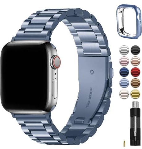 Fullmosa Metallarmband für Apple Watch 40mm 41mm 38mm mit Gehäuse | Edelstahl Band für iWatch SE 3 2 1 Series 9 8 7 6 5 4 Damen Herren, mit S-Glieder für Präzise Feinanpassung, Blau-Grau