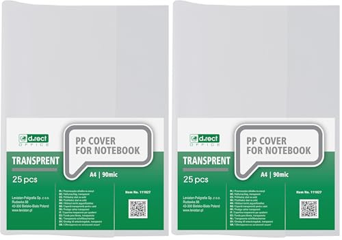 D.RECT Heftumschläge 25er Set DIN A4, transparent, durchsichtig, Hefthüllen aus strapazierfähiger und abwischbarer Polypropylen-Folie, stark 90 mic, klar (Packung mit 2)