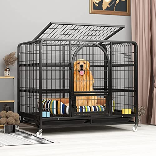 QIANMEI hundehütte Outdoor, Robuste Hundebox Aus Stahl, Hundehütte for Drinnen Und Draußen, Mit Futterpforte Und Rädern, Abnehmbares Tablett, Leicht Zu Reinigen
