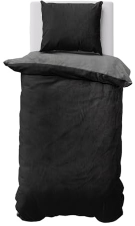 Visaggio Winter Bettwäsche 135x200 cm Teddy Plüsch Premium Cashmere Touch Warme Uni Fleece Wendebettwäsche Schwarz Grau