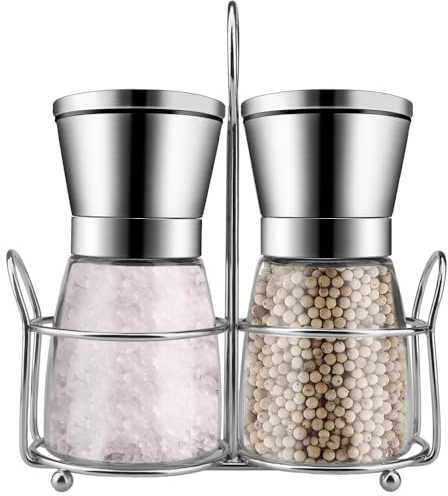 Atliberswo Set 2 Molinillos Especias con Soporte – 180ml Molinillo Sal & Pimienta en Vidrio y Acero Inoxidable con Molino de Cerámica, Ajustable, Utensilios Cocina para Hierbas y Especias