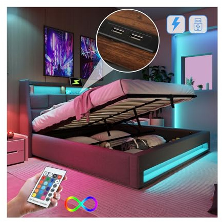 Letto Matrimoniale con Contenitore 140x200 cm con LED e USB, Letto una piazza e mezza con Vano Portaoggetti e Testiera, Contenitore con rete a doghe(Senza Materasso)