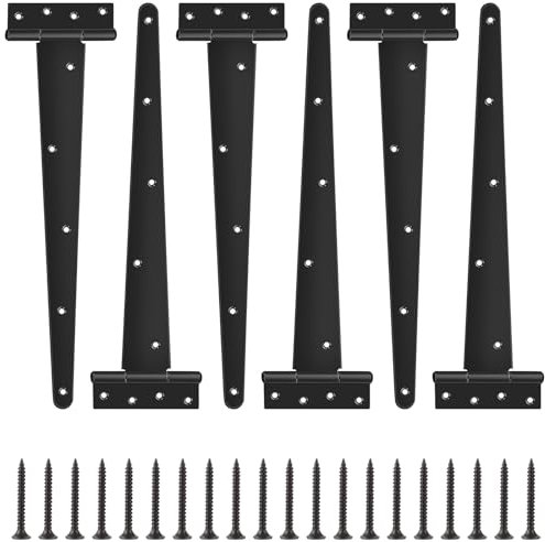 GBACHOOSE 6 Pack T Strap Hinges 16 Inch Heavy Duty Gate Hinges with Screws Black Tee Hinge for Gate Doors Shed Doors and Barn Door