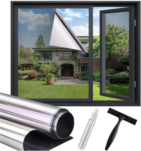 Lifetree Spiegelfolie Fensterfolie Hitzeschutz Montageset Silber 60x200cm | UV-Schutz Hitzeschutz Sonnenschutzfolie Selbstklebend Wärmeschutz, Sichtschutz Blickdicht für Fenster Innen Wohnzimmer Büro
