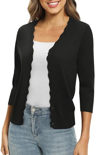 EXCHIC Femmes Daily 3/4 Manches Bouton Down Pulls Col en V Couleur Unie élastique Léger Mince Tricot Cardigan