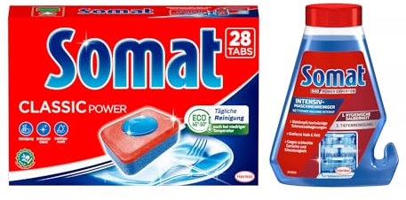 SOMAT Tabs 28 AW Classic Power, Geschirrspül Tabs mit Fettlösekraft für kraftvolle Reinigung, Spültabs für sauberes Geschirr + Somat Duo Power Experten Intensiv-Maschinenreiniger 250ml
