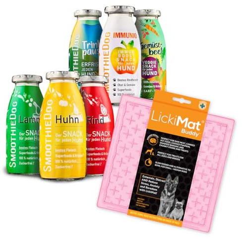 Hunde Smoothie SmoothieDog 6er Mix + Lickimat Buddy M Pastellrosa - je 1x: Huhn, Rind, Lamm, Ente, Immunio, Veggie - Flüssiges Hundeleckerli - Zucker- & glutenfrei - Schleckmatte - je 250ml