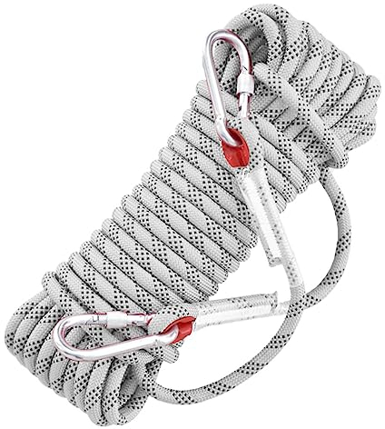 Kletterseil, 12 mm, schwarz/weiß, Kletterseil, 10 m (32 Fuß), 20 m (65 Fuß), 30 m (98 Fuß), statisches Kletterseil mit 2 Stahlhaken, Abseilseil for Outdoor-Wanderungen, Sicherheits-Fluchtseil, Rettung