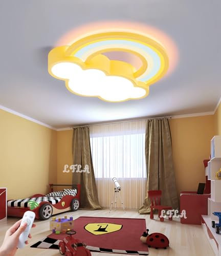 Dimmbar LED Kinderzimmer Deckenleuchte Modern Wolken Regenbogen Deckenlampe Junge Mädchen Nachtlicht Decke Wolke Lampe Mit Fernbedienung für Babyzimmer Schlafzimmer Cartoon Kinderlampe (Gelb)