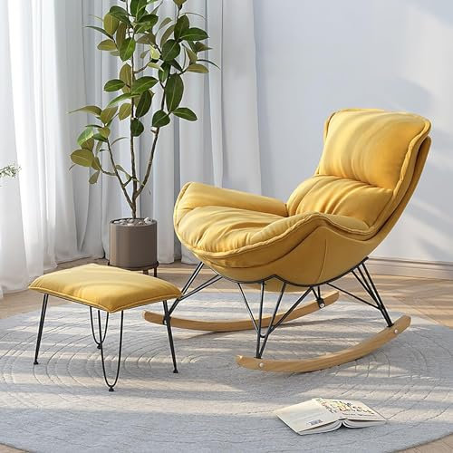 ZXFDMSWJ Schaukelstuhl für das Wohnzimmer mit Fußstütze, bequemer gepolsterter Schaukelstuhl mit Seitentaschen und Armlehnen, Schaukelstuhl für Wohnzimmer und Schlafzimmer, Balkon (Farbe: Gelb, Größe