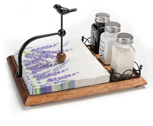 Charmanter Holzserviettenhalter mit Vogel-Design – Inklusive Platz für Salz- und Pfefferstreuer – Multifunktionaler schwarzer Serviettenhalter für Tisch, Küche und Außenbereich