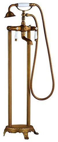 Freistehende Badewannenarmatur aus antikem Messing, mit Handbrause, Bodenmontage, Wannenfüller, Doppelgriff, Badewannenmischer, Wasserhahn, Vintage-Telefonform