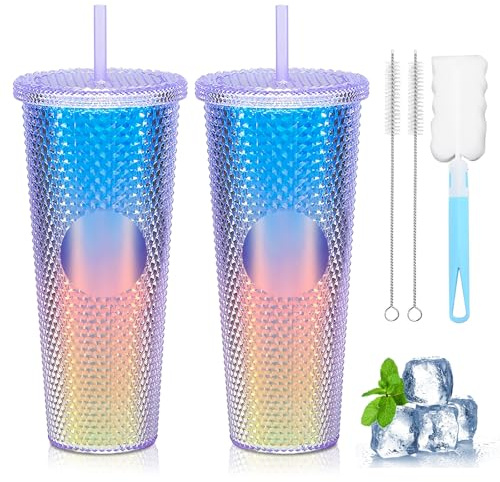 BORDEAG Trinkbecher mit Deckel und Strohhalm 710 ml, 2 Stück Thermobecher mit Strohhalm, Nieten Becher mit Deckel Und Strohhalm, Wasserbecher mit Großem Fassungsvermögen mit Topfbürste