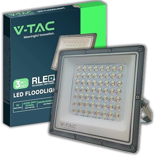 V-TAC Projecteur LED Extérieur 50W - [CHIP Samsung + Technologie RLE] - 5000 Lumens - IP65 - Projecteur LED pour Maison, Jardin, Garage, Entrepôt - Lumière CCT 3 EN 1 Chaude, Froide ou Neutre