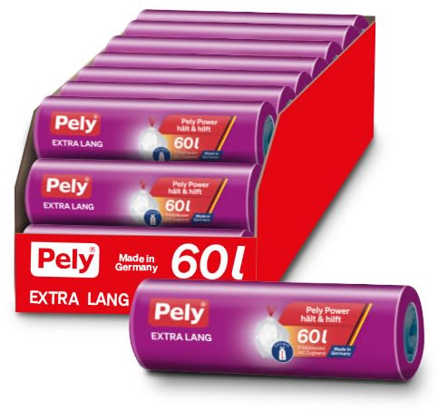 Pely® Zugband Müllbeutel (60 Liter extra lang), Vorteilspack XXL (20 x11 Stück) im Karton, für die Entsorgung von Restmüll