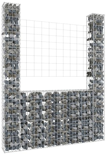 Festnight Gabionen 2 Säule Gabionenkorb Große Gabionenwand U Form Wand Gabionen Zaun Metall Steinkorb Wand Steingabionen Drahtkorb Gitterkörbe Dekorative Zäune Gartendeko Eisen 140x20x200 cm