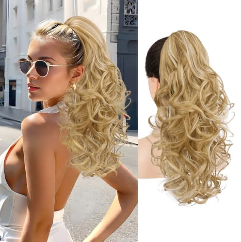 Sofeiyan Haarteil mit Klammer,43 cm Haarverlängerung für den Zopf | Lange Wellig Zopf Extension Claw Clip in Ponytail Extension Synthetik Haarverlängerung für Damen,Mittelblond Blond Strähnen