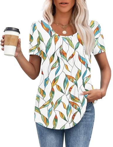 MOLERANI T Shirts for Women UK Round Neck Loose Casual Puff Short Sleeve Summer Tee Tops Front Pleated T Shirt Blue Yellow Leaf XL