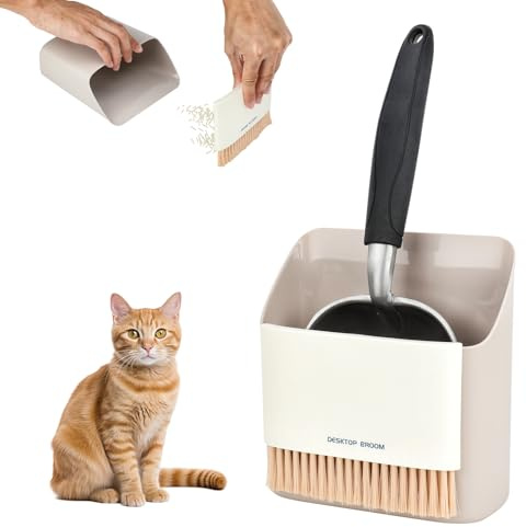 Mfsdai Katzenstreuschaufel mit Behälter Katzenklo Schaufel Schnell Siebend Inklusive tragbarem kleinen Besen und Kehrschaufel-Set Katzenstreuschaufel aus Metall（Beige）
