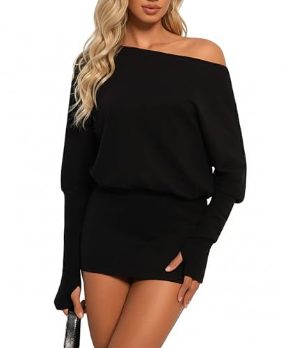 Coloquin Womens Long Sleeve Off Shoulder Mini Dress Y2k Batwing Bodycon Dress Party Going Out Dresses Black L