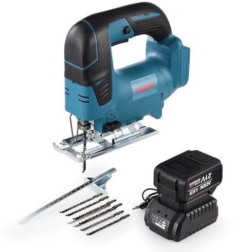 Scie Sauteuse Sans Fil avec 21V 3.0Ah Batterie, Scie Électrique avec 5 lames pour Coupe Bois (avec 3.0 Ah Batteries)