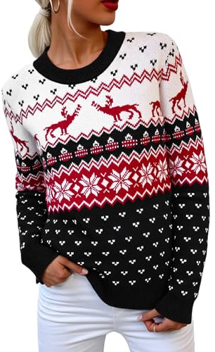 Crewhpo Jersey Navideño para Mujer Cuello Redondo Suéter Navidad de Manga Larga Jerséis Ropa de Punto Sweater para Otoño Invierno