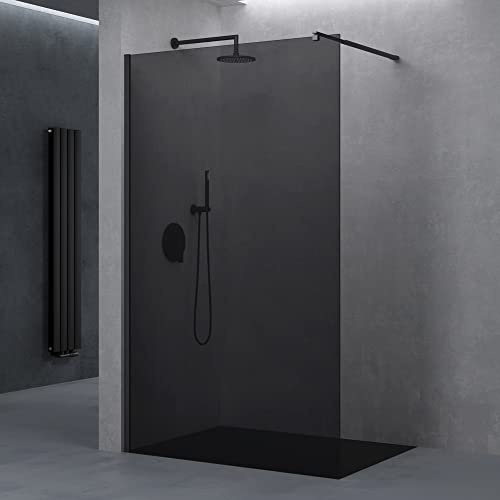 doporro Walk-In Dusche Duschwand 140x200cm Duschabtrennung 10mm ESG-Glas | vollgrau Duschwand mit Nanobeschichtung | rechteckiger Stabilisator aus Edelstahl | Aluminiumrahmen in Schwarz | Bremen02VG