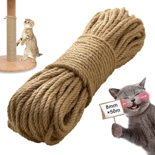 Corde de Jute 8mm,50m × 8mm Corde Arbre à Chat,Résistant aux Déchirures,Cordes Sisal Arbre à Chat pour ChatArbres Griffoir,Jardinage,Reliure,Artisanat Matériel d'emballage et Décoration (Marron)