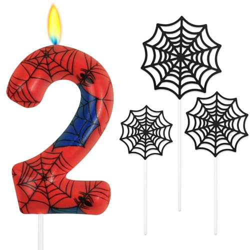 Alaoo Candele di Compleanno, Candele per Candeline Ragno di 2° Compleanno, Candela di Compleanno a Tema Ragno, Decorazione per Torta a Forma di Ragnatela, Adatto a Ragazzi e Ragazze(Rosso-2)