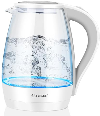 GABERLEE Electric Kettle, 1.7L, Fast Boil Quiet Glass Kettle with Blue LED, Auto Shut-Off and Boil-Dry Protection, Stainless Steel Inner, BPA-Free, 2200W (White)