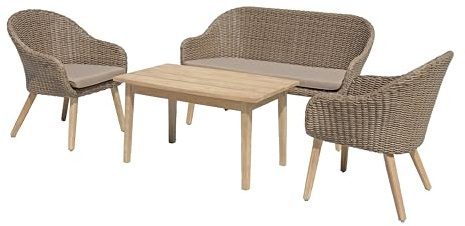DELUKE Garten-Sitzgruppe Lisbon 4tlg. Kunststoffgeflecht - Akazie, Braun | Gartenmöbel-Set Gartengarnitur Garten-Essgruppe mit Stühlen und Esstisch