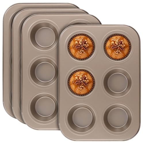 SEUNMUK 4 Pack Jumbo Muffin Pan, 6 Cup Muffin Tin, Carbon Steel Nonstick Cupcake Tray for Baking Yorkshire Pudding Muffins, Gold