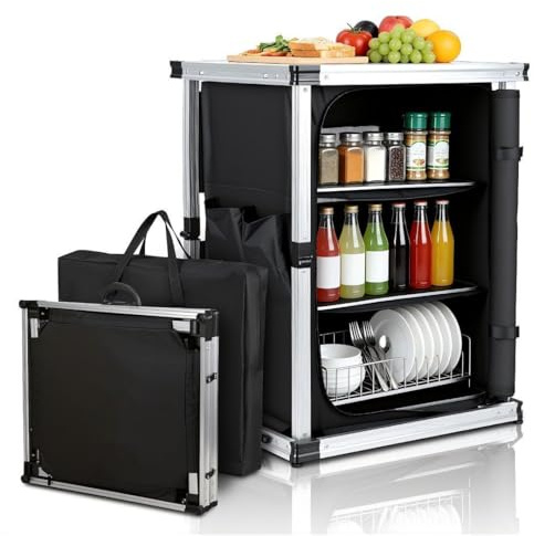 Daromigo Faltbarer Campingschrank ohne Montage – Mobiler Küchenschrank in 1 Min. aufgebaut, Ultraleichte Campingküche (5,6kg) mit 3 Fächern & Tasche für Wohnmobil, Zelt & Vorzelt