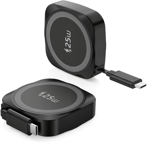 25 W magnetisk trådlös laddare med infällbar usb-c-kabel, Qi2.2 snabbladdning för iPhone 17/16/15/14/13/12, Airpods Pro etc, bärbar induktionsladdare för Samsung Galaxy Pixel, svart