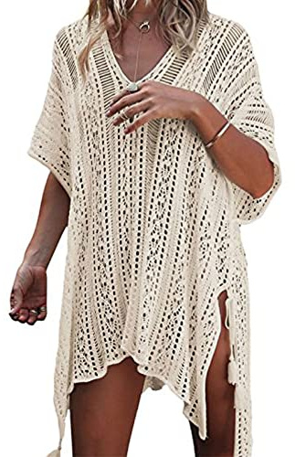 TMEOG Strandklänningar damer kort klänning baddräkt bikini spets virkad cover up, Beige, En Storlek