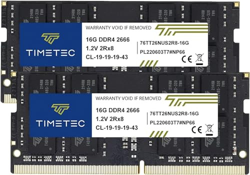 Timetec 32GB Kit(2x16GB) DDR4 2666 MHz (PC4-2666V) PC4-21300 SODIMM – Sin ECC, sin búfer, 260 Pines, 1,2V CL19, módulo de Memoria para portátiles, Mini PC y Ordenadores Todo en uno.